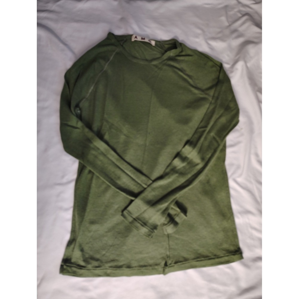 AMO Women Olive Green Long Sleeve Crew Neck Slub Knit Tee Exposed Seam L